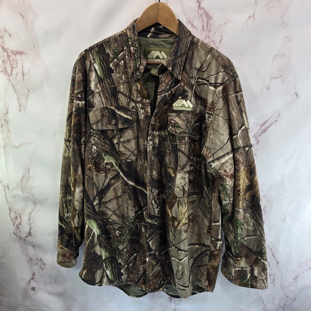 Medalist Shirt Mens Medium Camo Quiet Woodland Button Hunting AP HD Silver Max